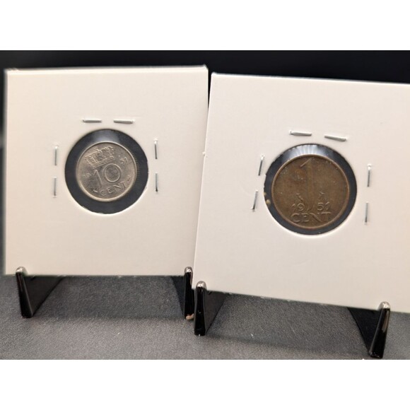 2‑Coin Bundle – Netherlands 1951 10 Cent (Silver) & 1 Cent - Picture 2 of 2